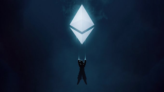A silhouetted figure hangs suspended from the Ethereum logo, illustrating the journey and support involved in launching startups within the Ethereum ecosystem. The image visually represents the exciting "adventures" mentioned in the post, with the Ethereum Foundation logo as the guiding light.