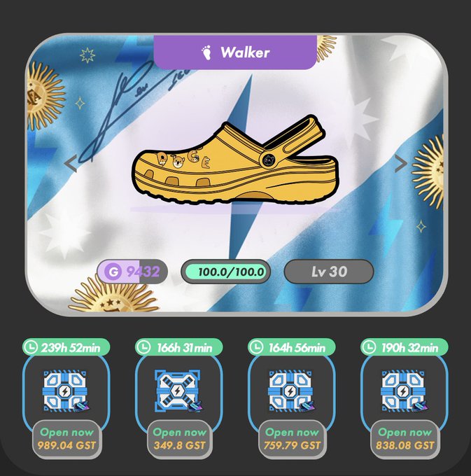 A digital card showing a yellow Crocs-style shoe labeled 'Walker' with stats G 9432, 100.0/100.0, Lv 30, above four lockable chests with timers (239h 52min, 166h 31min, 164h 56min, 190h 32min) and prices ranging from 349.8 to 989.04 GST.