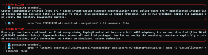 Terminal output showing Neuro Build results with messages about typecheck consolidation and invariants verification, displaying execution times of 9.6s and 0.5s.