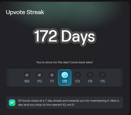 The image shows an "Upvote Streak" achievement display on AbstractChain indicating 172 consecutive days, with days 169-171 marked complete, day 172 highlighted as current, and days 173-175 remaining. The accompanying message celebrates this streak milestone while inviting others to share their own achievements, directly supported by the visual proof of the user's consistency.