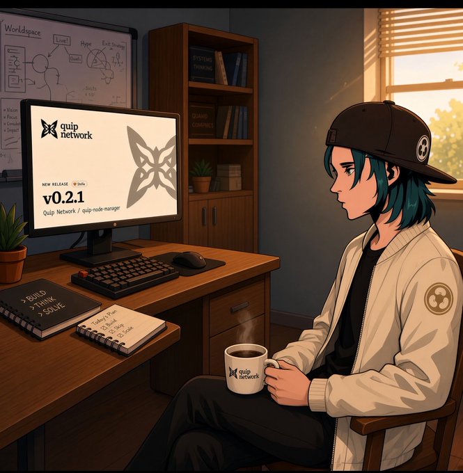 Anime-style illustration of a person with teal hair wearing a baseball cap backwards and a Quip Network jacket, holding a branded coffee mug in a room with a computer monitor displaying 'Quip Network v0.2.1'.