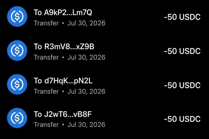 The image shows a list of four USDC transfer transactions, each for -50 USDC, sent on Jul 30, 2026, to different abbreviated wallet addresses (A9kP2...Lm7Q, R3mV8...xZ9B, d7HqK...pN2L, and J2wT6...vB8F). This appears to serve as proof of payment, demonstrating that the poster has fulfilled their promise to send $50 USDC to participants who shared their Solana addresses in response to the giveaway post.