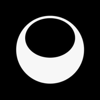 A minimalist black-and-white graphic of a crescent moon or ring shape on a black background.