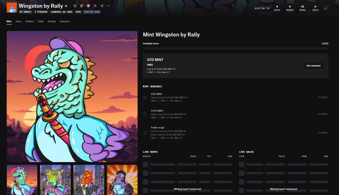 A screenshot of the Rally.io mint page for the "Wingston by Rally" NFT collection displays a colorful dinosaur character artwork alongside the GTO-MINT schedule showing a 3,000 available supply with free minting on Ethereum, supporting the post's announcement of the upcoming free mint event.