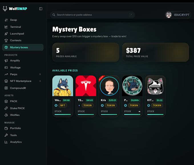 A screenshot of the WolfSwap crypto platform showing the 'Mystery boxes' page with 5 prizes available totaling $387, including NFT and token prizes.