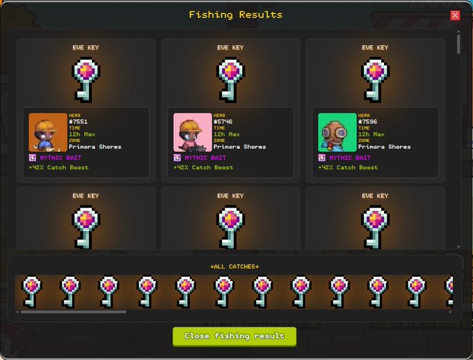 Pixel art game interface titled 'Fishing Results' displaying 6 'EVE KEY' items and various 'MYTHIC BAIT' rewards with character icons and stats like '12h Max' and 'Primera Shores'.