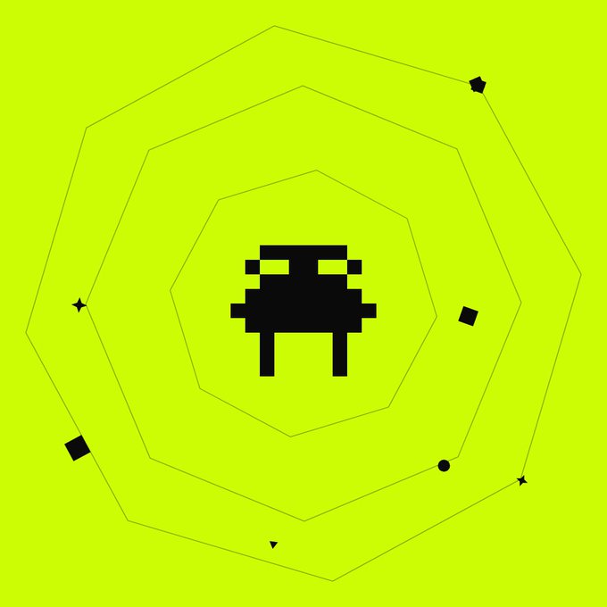 A pixelated black alien character sits at the center of concentric hexagonal rings on a bright yellow-green background, surrounded by small black stars and shapes, evoking a retro Space Invaders aesthetic. The image relates to the post's mention of a FWA (Free Mint to Attend) project for Robinhood Chain, likely serving as artwork for the NFT collection being discussed.