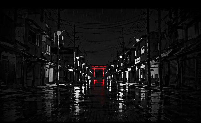 A dark, stylized image of a wet street at night lined with buildings and street lamps, leading toward a glowing red torii gate in the distance.