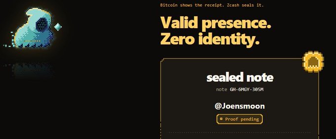 A pixelated blue ghost illustration accompanies the phrase "Valid presence. Zero identity." alongside a "sealed note" note GH-6MGY-385M from @Joensmoon with "Proof pending" status, visually reinforcing the post's theme of Zcash's privacy-focused blockchain paired with the @zkghosts NFT project that emphasizes anonymous ownership through shielded transactions and hidden identities.