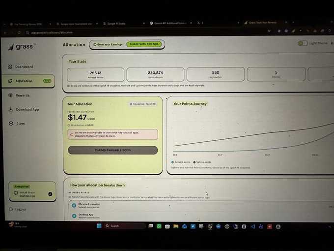 Screenshot of the Grass dashboard allocation page showing network points of 295.13, estimated allocation of $1.47 USDC, and a 'CLAIM AVAILABLE SOON' message.