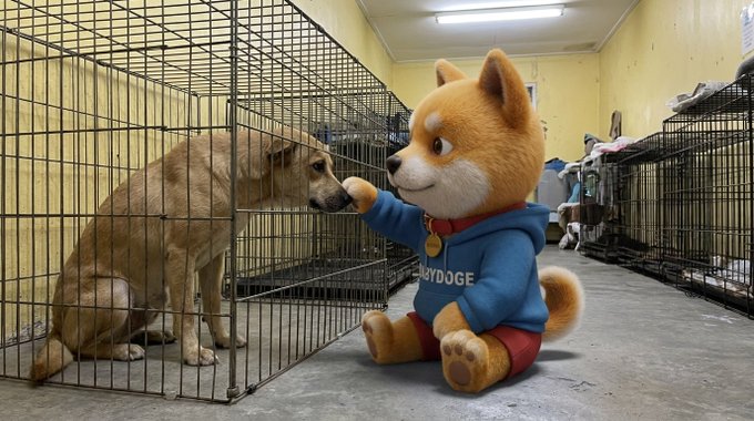 A real dog in a shelter cage touches noses through the bars with a plush dog mascot wearing a blue "DOGE" hoodie, illustrating Mexico's massive stray dog crisis and the community-voted mission to help the country's 18 million homeless dogs.