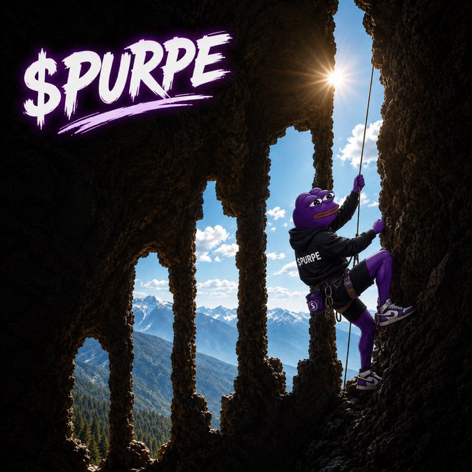 A purple Pepe the Frog character wearing a black "$PURPE" hoodie and climbing gear scales a rocky cliff, with a stylized purple "$PURPE" logo in the upper left corner.