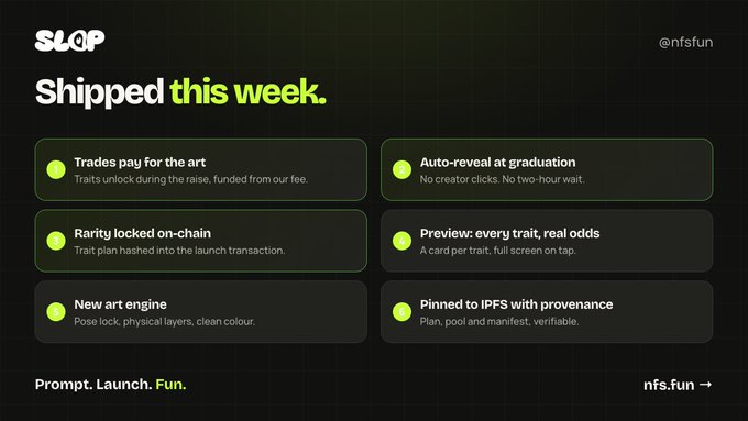A dark-themed promotional graphic titled 'SLQP Shipped this week.' from @nfsfun, listing six features including 'Trades pay for the art', 'Auto-reveal at graduation', 'Rarity locked on-chain', and 'New art engine', with a call-to-action reading 'Prompt. Launch. Fun. nfs.fun →'.
