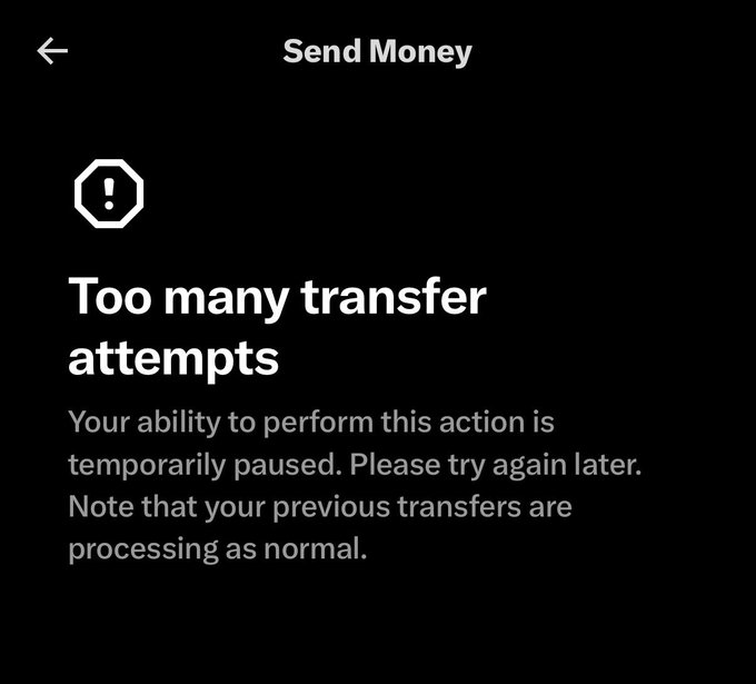 A mobile app error screen displays 'Too many transfer attempts' under a 'Send Money' header, stating the action is temporarily paused.