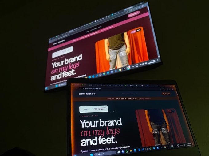 Two computer screens show a website with the headline "Your brand on my legs and feet" and a model wearing decals on their jeans.
