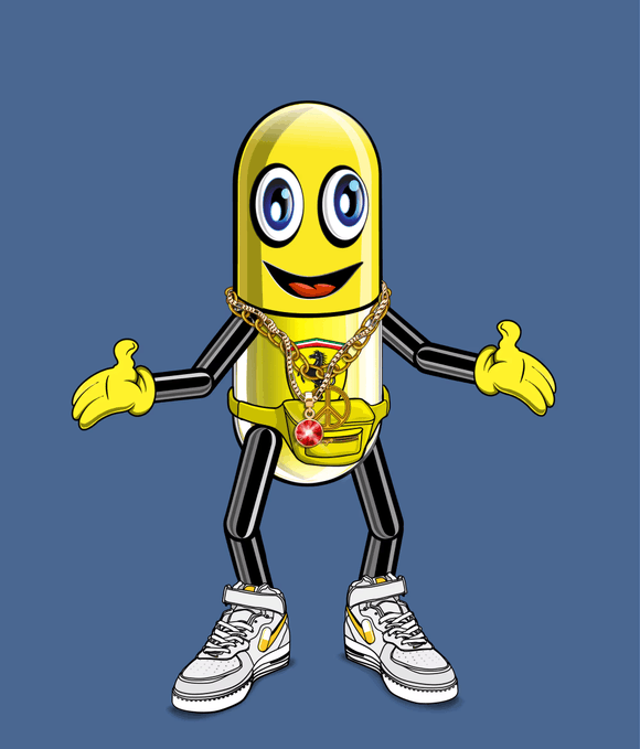 A cartoon illustration of a yellow pill-shaped character with arms and legs, wearing gold chains, a fanny pack, and white sneakers against a solid blue background.