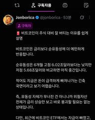 A screenshot of a Korean Twitter/X post by Jonboroka (@jonboroka) discussing the resilience of bitcoin price and ETF inflows ahead of a 0.025% Fed rate hike to a 5.665% range, explaining Bitcoin's recent drop from $26,000 to $25,665.