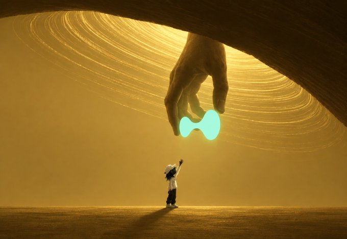 A surreal digital artwork showing a giant hand holding a glowing cyan figure above a small person standing in a vast, golden-hued landscape.