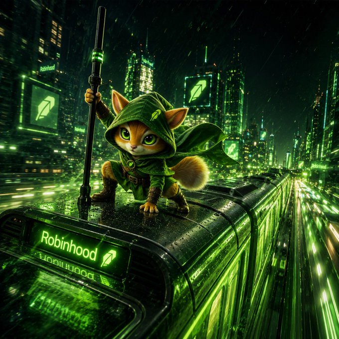 A small orange cat in a green hooded outfit crouching on a sleek vehicle, holding a staff, set against a futuristic nighttime cityscape with 'Robinhood' branding and logos.