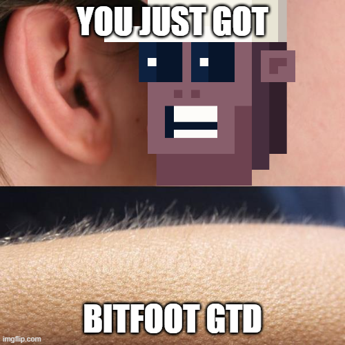 A meme showing a close-up of an ear next to a pixelated purple character face with text 'YOU JUST GOT' above and 'BITFOOT GTD' below.