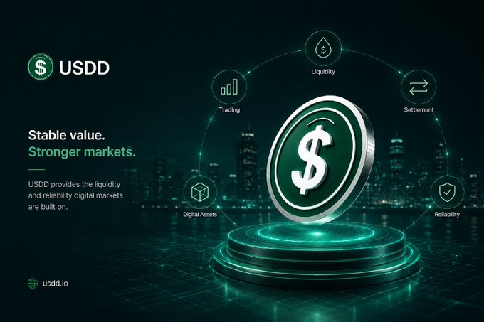 A promotional graphic for USDD stablecoin, highlighting 'Stable value. Stronger markets.' and showing icons for Liquidity, Trading, Settlement, Digital Assets, and Reliability.