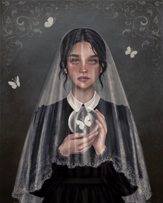 The image features an illustration of a woman wearing a veil with white butterflies around her neck. She holds a crystal ball in her hands. The background of the image has a dark color, which contrasts with the light-colored butterfly wings on the woman's dress. The caption at the bottom of the image reads "Good morning Edition SOLD Second edition minted by dear @King_PRomulus I really appreciate your constant support, thanks a lot 0.019 $ETH 8/10".