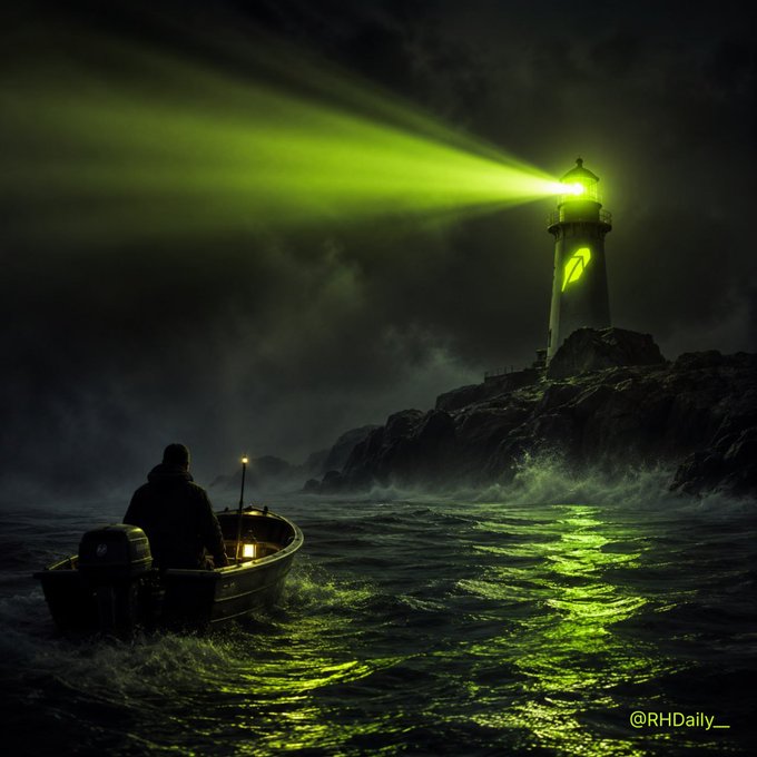 A moody, atmospheric image showing a lone figure in a small boat on turbulent waters, looking toward a lighthouse perched on rocky cliffs that emits an eerie green beam across the misty night sky. The image is watermarked '@RHDaily_'.