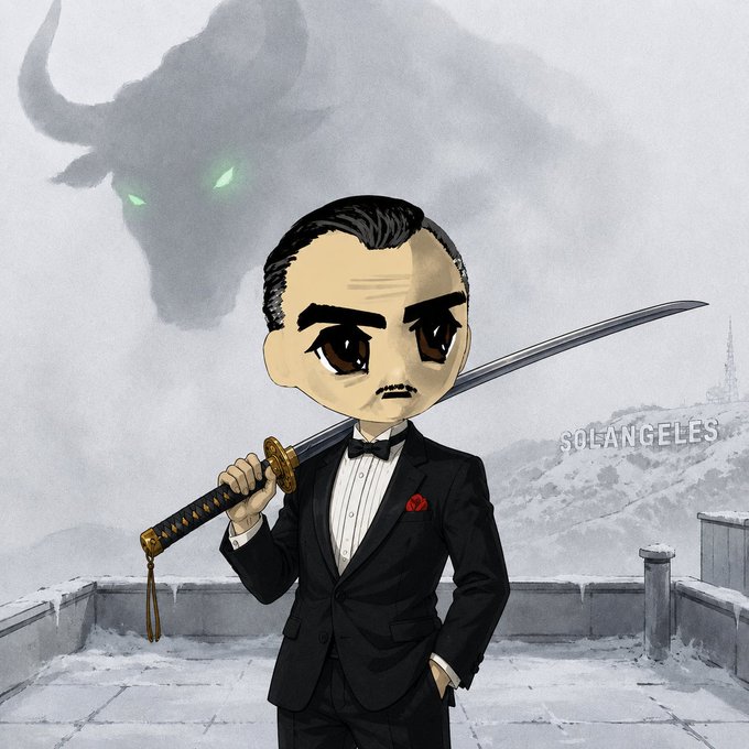 The image is a chibi-style illustration of a man in a black tuxedo with a red pocket square, holding a katana and standing on a snowy rooftop, with the ominous shadowy figure of a horned bull looming behind him. The watermark "SOLANGELES" appears on the right side, reinforcing the post's theme of fierce determination ("Bulls United" $ANSEM) by combining the imagery of a warrior with a powerful, intimidating bull spirit.