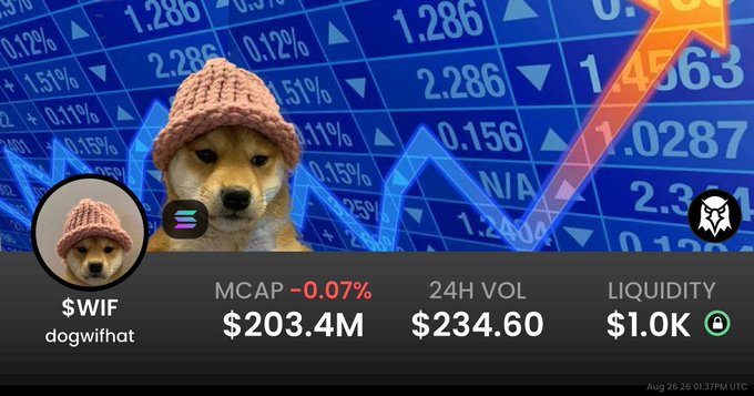 The image displays a cryptocurrency price tracker for $WIF (dogwifhat), showing a market cap of $203.4M with a -0.07% change, $234.60 in 24-hour volume, and $1.0K liquidity, featuring the iconic Shiba Inu wearing a pink knitted hat against a backdrop of rising market charts. The image relates to the post by highlighting dogwifhat's current market performance, which is notably lower than the historical peaks of $4.58 billion mentioned for $WIF on International Dog Day.