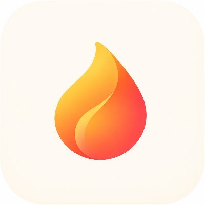 A minimalist app icon features a gradient orange and yellow flame-like droplet on a cream background.