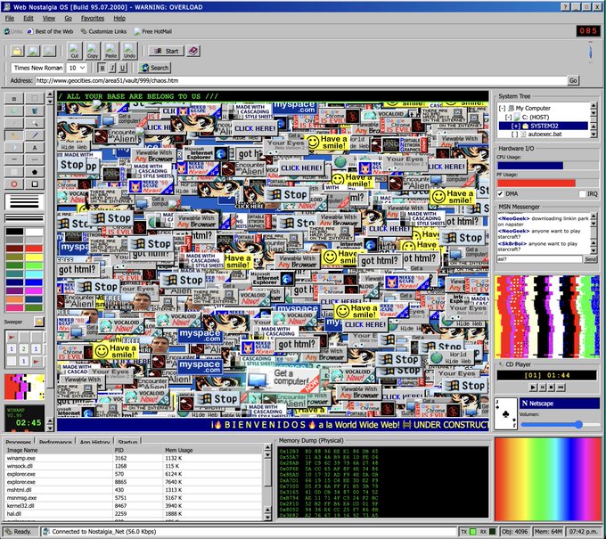 A retro Windows 95-style Nostalgia OS screenshot showing an intensely cluttered web page filled with flashing banners, 'CLICK HERE,' 'STOP,' and 'got html?' messages, with resource monitors and a CD player widget on the side.