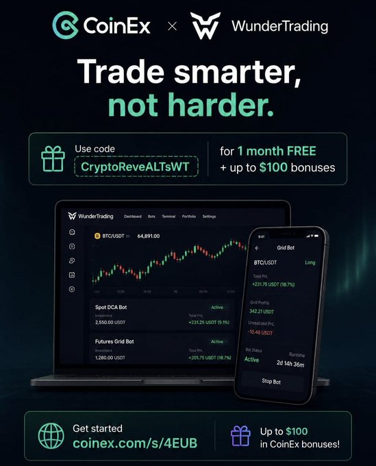 The image features a laptop computer with an app displayed on its screen that appears to be related to cryptocurrency trading or investing, possibly from CoinEx. The laptop also has a cell phone attached to it, which could be used for accessing information about the app or communicating with others. The background of the image is dark and black, making the colors of the laptop and cell phone stand out more prominently.