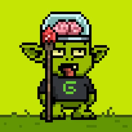 A pixel art illustration of a green goblin-like creature with a brain exposed under a glass dome, holding a staff with a red orb, wearing a shirt with the letter 'G', set against an olive green background.