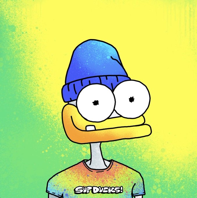 A vibrant digital illustration features a cartoon duck character with large bulging eyes, wearing a blue beanie and a rainbow-colored t-shirt that reads "SUPDUCKS!" against a yellow and green splattered background.