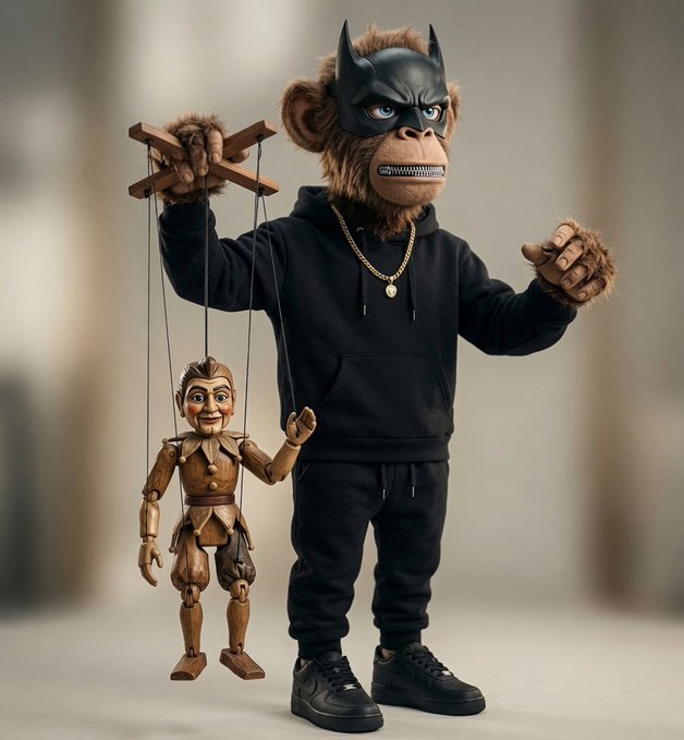 A 3D-rendered chimpanzee character wearing a Batman cowl and black hoodie, holding a wooden marionette/puppet by its control sticks, with a gold chain necklace.