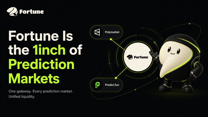 A sleek black promotional graphic featuring a ninja-like mascot stands beside the tagline "Fortune Is the 1inch of Prediction Markets," highlighting the platform as a unified aggregator connecting prediction markets like Polymarket and Predict.fun for deeper liquidity.