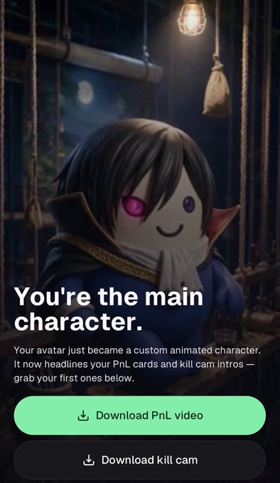A mobile app screen featuring a custom animated character with mismatched purple eyes against a dim industrial background, displaying the headline "You're the main character." and offering "Download PnL video" and "Download kill cam" buttons — visually promoting the Pumpfun platform's new custom avatar feature that the poster excitedly discovered.