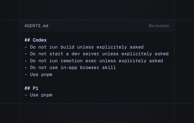 A markdown file AGENTS.md containing Codex instructions including 'Do not run build unless explicitly asked' and 'Use pnpm'.