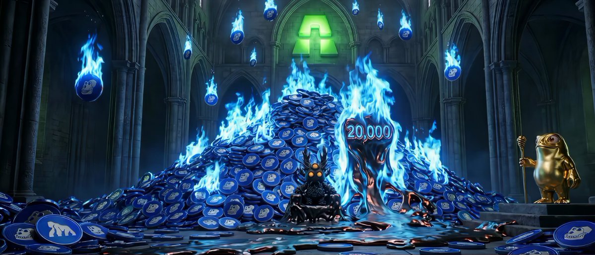 The image shows a large pile of blue coins burning in a church setting. The burning coins are located near a golden statue, which adds an element of opulence to the scene. The burning coins appear to be worth over 20,000 units, as indicated by the text in the image. The post also mentions that the burning coins have burned more than any other Apechain protocol and has been completed over 200,000 transactions. This implies a significant amount of wealth and power held by those who participated in the burning process.
