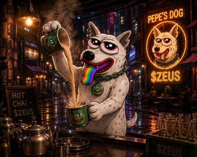A stylized image of a white dog with a rainbow tongue pouring chai from a green can into a cup at a street stand, with a neon sign reading 'PEPE'S DOG' and '$ZEUS', plus a chalkboard sign reading 'HOT CHAI - $ZEUS'.