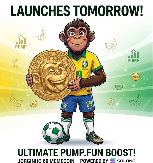 A promotional graphic for "LAUNCHES TOMORROW! ULTIMATE PUMP.FUN BOOST! JORGINHO 69 MEMECOIN" featuring a cartoon monkey in a Brazil soccer uniform holding a gold coin, powered by Solana.