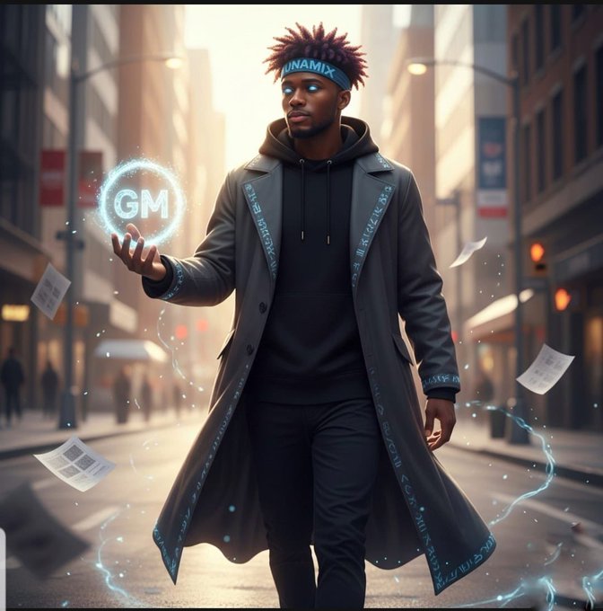 Digital artwork of a man with a headband holding a glowing 'GM' orb in an urban setting, wearing a long coat with magical runic patterns.