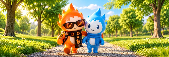 Two cartoon flame-like characters, one orange wearing sunglasses and a Bitcoin-patterned scarf and the other blue, walk together along a path in a sunny park setting.