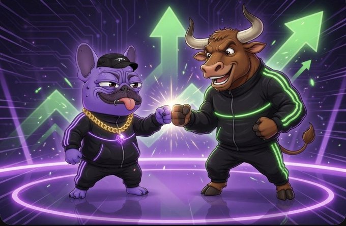 Two anthropomorphic animals—a purple bulldog wearing gold chains and a brown bull with horns—bump fists in neon tracksuits on a glowing platform, surrounded by upward green arrows. The fist bump symbolizes the bullish momentum and rising energy in the Monad ecosystem described in the post, with the upward arrows visually representing $MON's recovery toward its launch price.