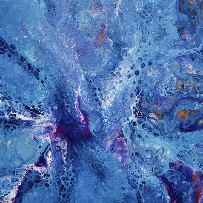 An abstract acrylic pour painting showcases swirling patterns of blue, purple, white, and gold with intricate cellular textures throughout.