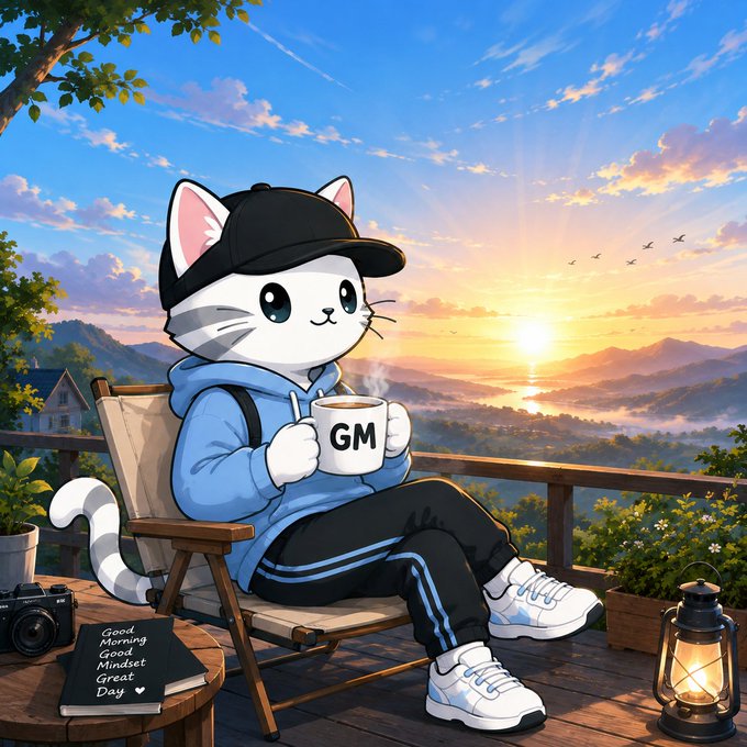 An anime-style illustration of a cute white cat character wearing a black cap and blue hoodie, sitting on a wooden chair holding a mug labeled "GM" while overlooking a sunset mountain landscape, with "Good Morning Good Mindset Great Day" written on a book below.