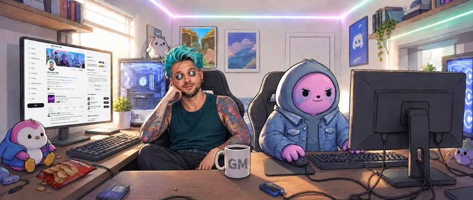A digital illustration of a gaming setup featuring a man with teal hair sitting next to an anthropomorphic pink character in a blue hoodie, with the mug labeled 'GM'.