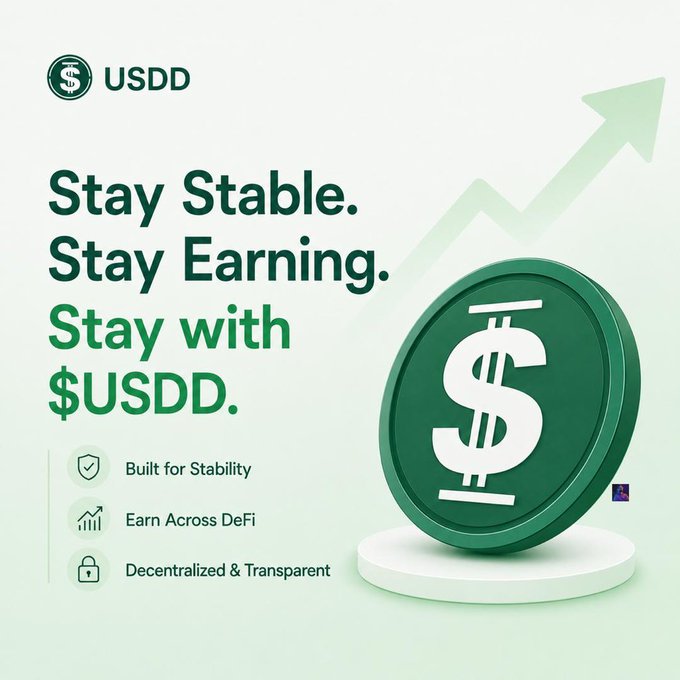 A promotional graphic for USDD stablecoin featuring a large green coin with a dollar sign and an upward trending arrow, with the tagline "Stay Stable. Stay Earning. Stay with $USDD." alongside key features "Built for Stability," "Earn Across DeFi," and "Decentralized & Transparent," visually reinforcing the post's message about USDD's trustworthy, verifiable, and decentralized nature.