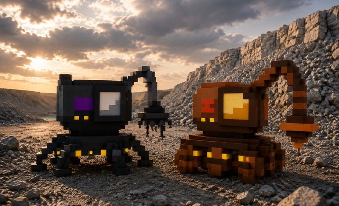 Two voxel-style "mining" machines—one dark gray and one brown, each equipped with pixelated pickaxes—stand side by side in a rocky quarry at sunset, visually representing the digital "mining" and minting process referenced in the "stock0re" concept with 7,600 machines available for minting at 17:00 UTC.