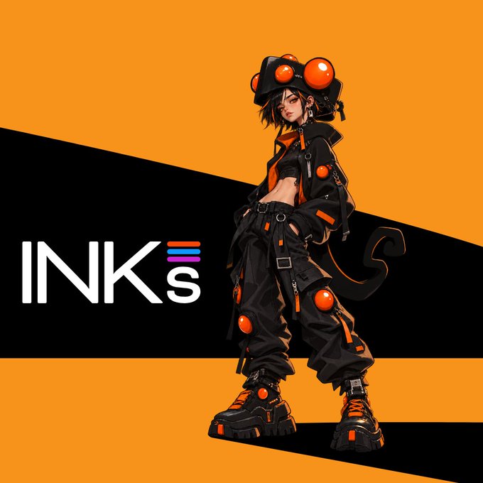 A digital illustration of a female character with orange goggles, a tail, and black tactical clothing stands against an orange background next to the text 'INKs'.
